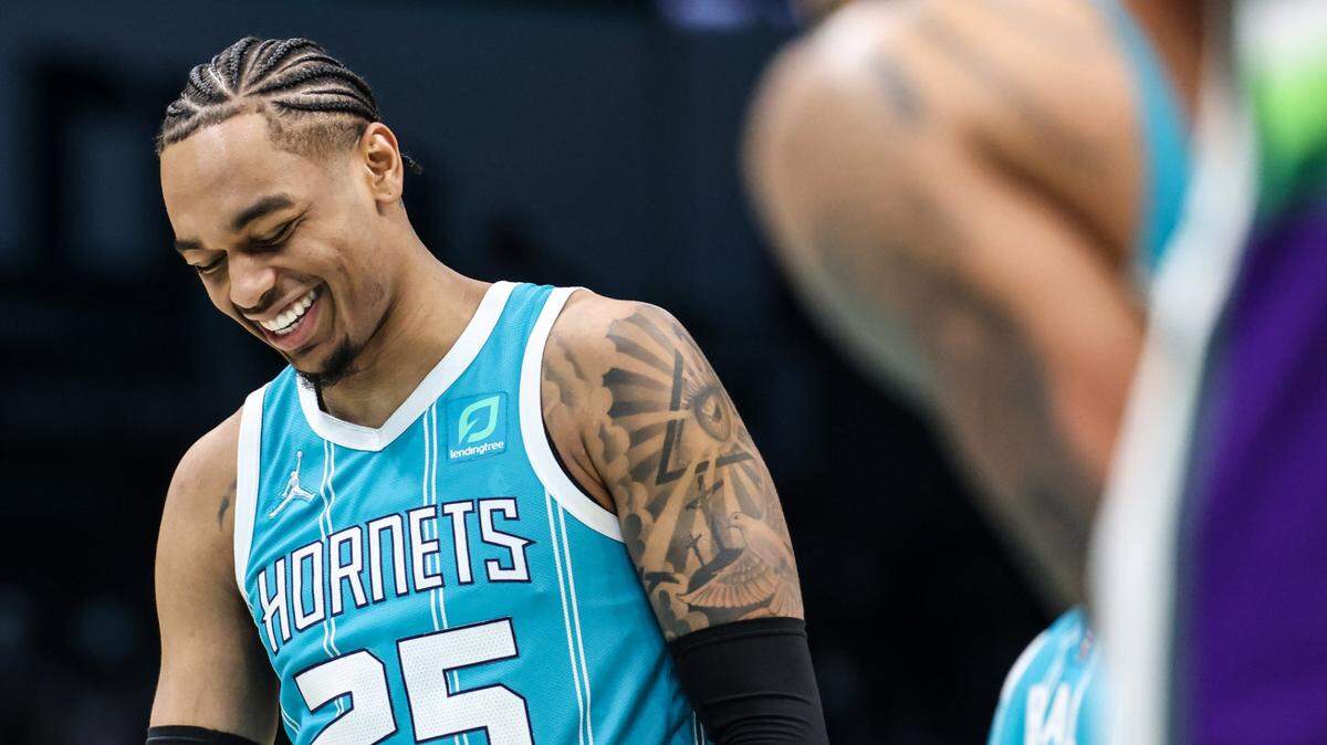 Charlotte Hornets P.J. Washington laughs at the Spectrum Center in Charlotte, N.C., on Monday, January 10, 2022.