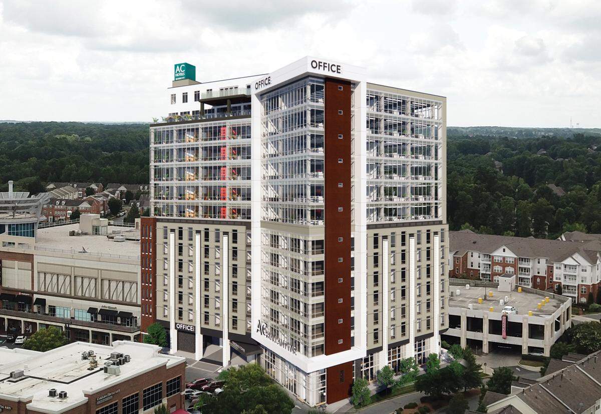 The exterior view of AC Hotel Charlotte Ballantyne, situated in the mixed-use Panorama Tower in Ballantyne Village.