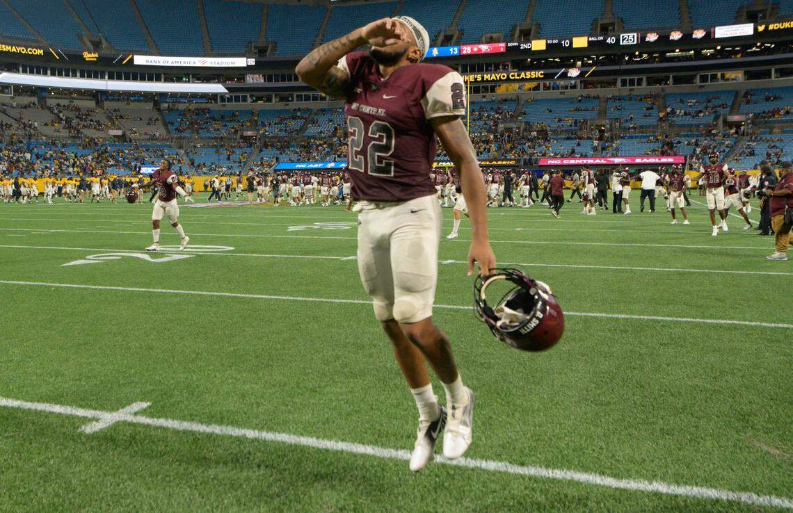 N.C. Central receiver Devin Smith (22) celebrates after the Eagles upset the N.C. A&T Aggies in the Duke’s Mayo Classic at Bank of American Stadium in Charlotte, NC, on Saturday, Sept. 3, 2022.