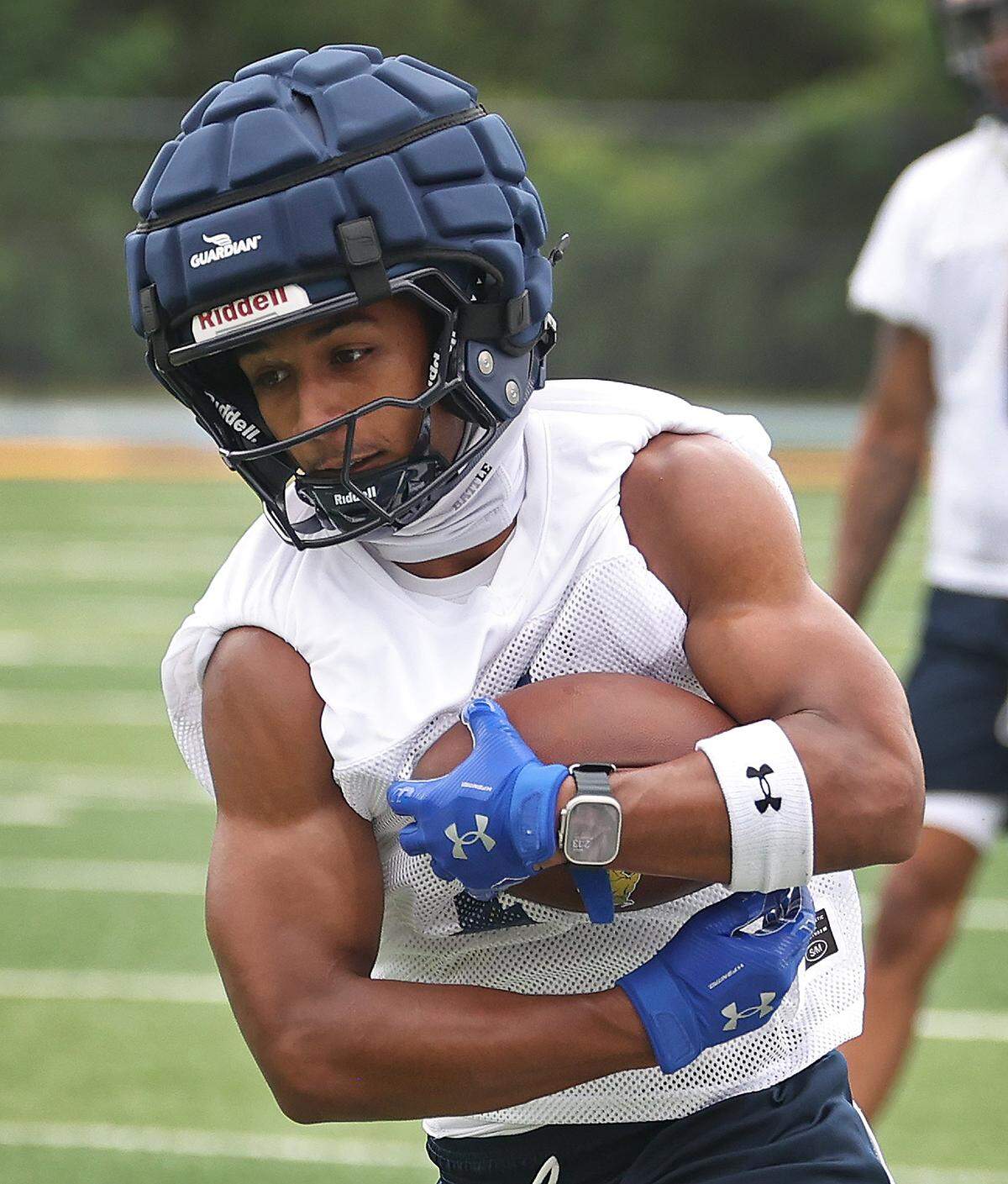 Johnson C. Smith University wide receiver Brevin Caldwell secures a pass during practice on Wednesday, August 6, 2025.