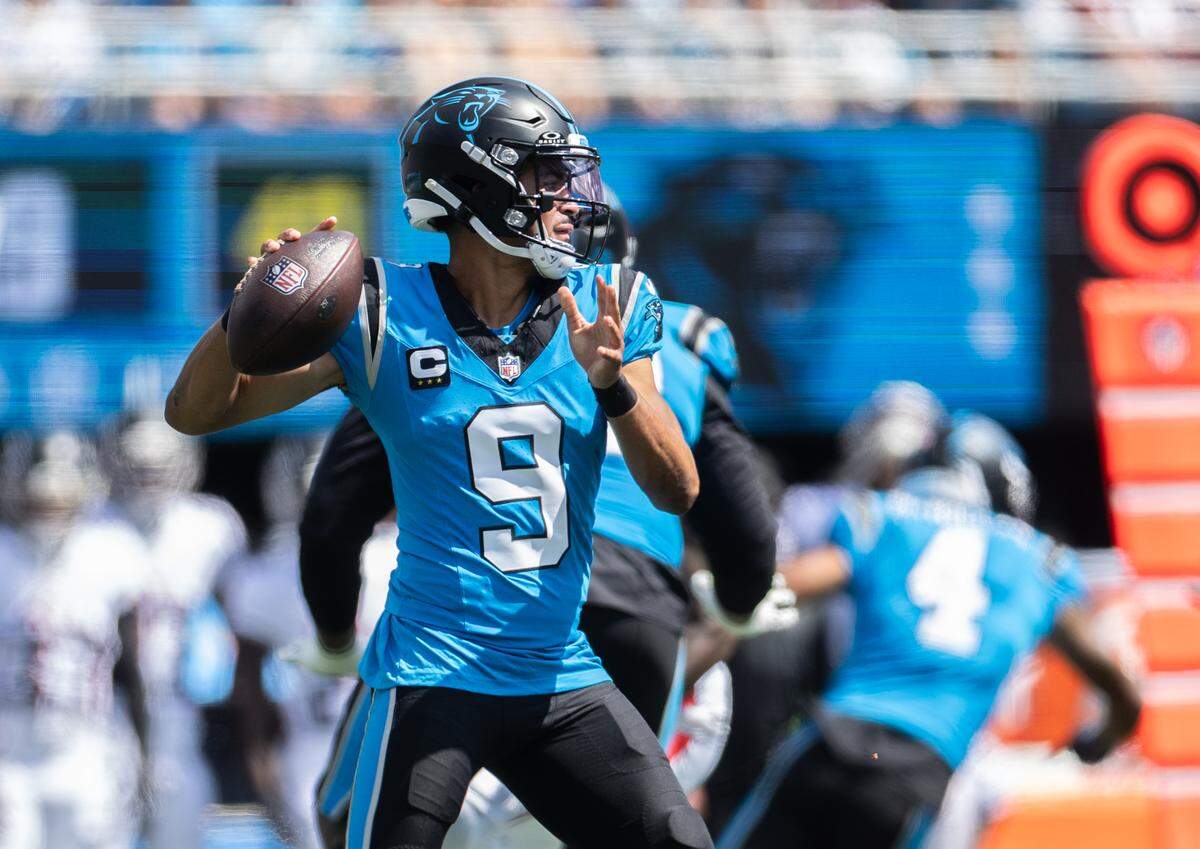 Carolina Panthers quarterback Bryce Young makes a pass against the Atlanta Falcons on Sunday, Sept. 21, 2025, at Bank of America Stadium. 