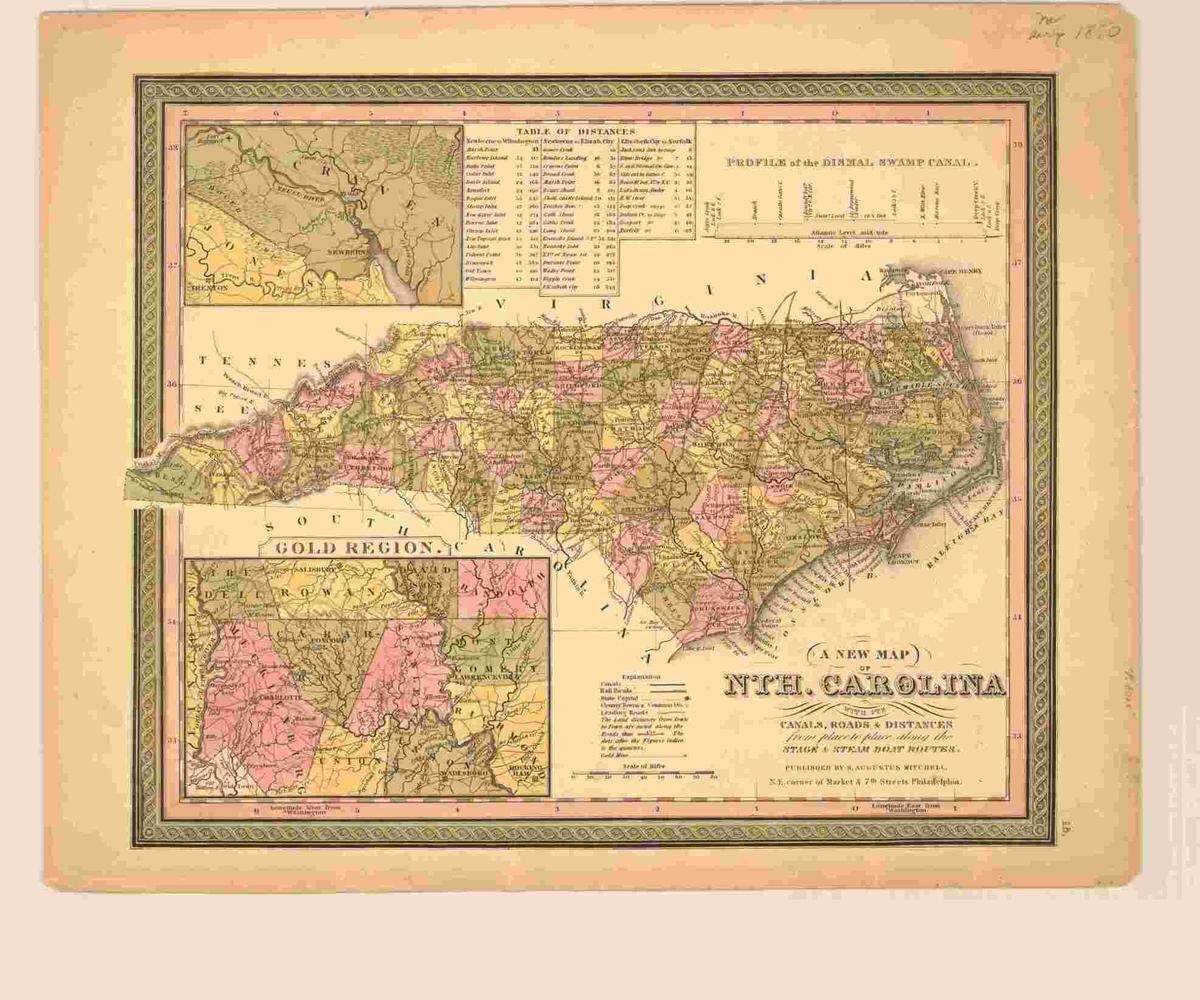 A map dated 1850, showing Mecklenburg County, and the surrounding area, as part of North Carolina’s Gold Region.