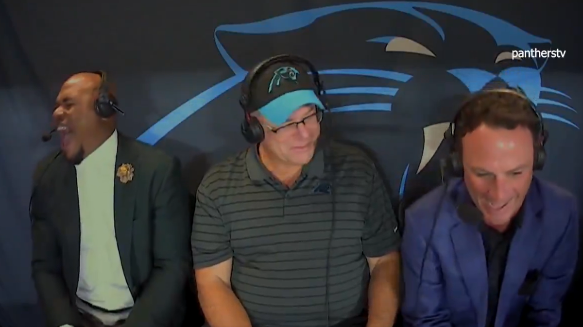 Carolina Panthers team owner David Tepper, center, on the local preseason game broadcast Friday night.