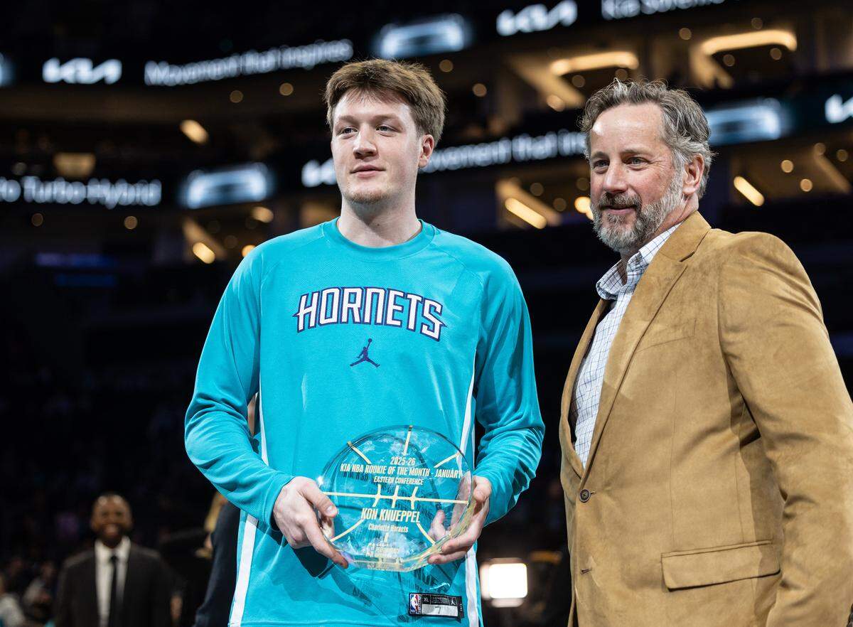 Charlotte Hornets guard Kon Knueppel is presented with the Eastern Conference Rookie of the Month award for January at the Spectrum Center in Charlotte, N.C., on Wednesday, Feb. 11, 2026.