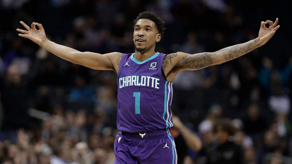 Charlotte Hornets’ Malik Monk (1) gestures after making a three-point basket against the New York Knicks during the second half of an NBA basketball game in Charlotte, N.C., Monday, Jan. 28, 2019. (AP Photo/Chuck Burton)