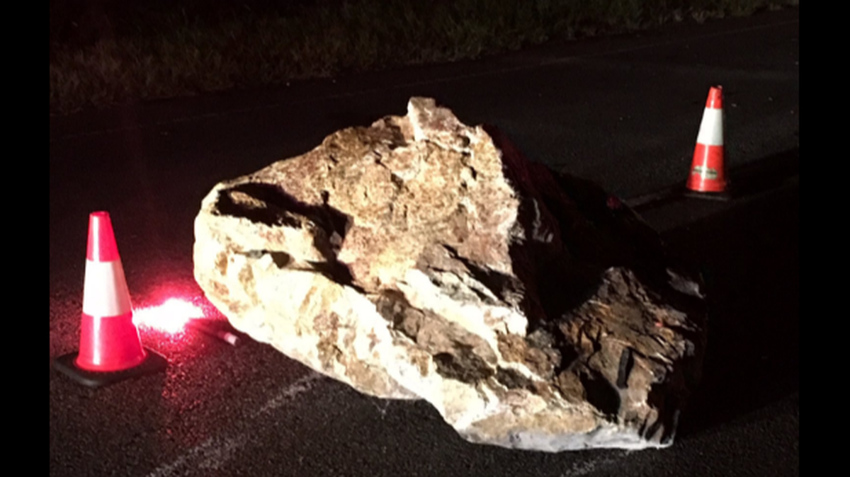 A vehicle crashed in the 14800 block of U.S. 360 in Chesterfield County, Virginia, after hitting this rock. The driver was not seriously injured.