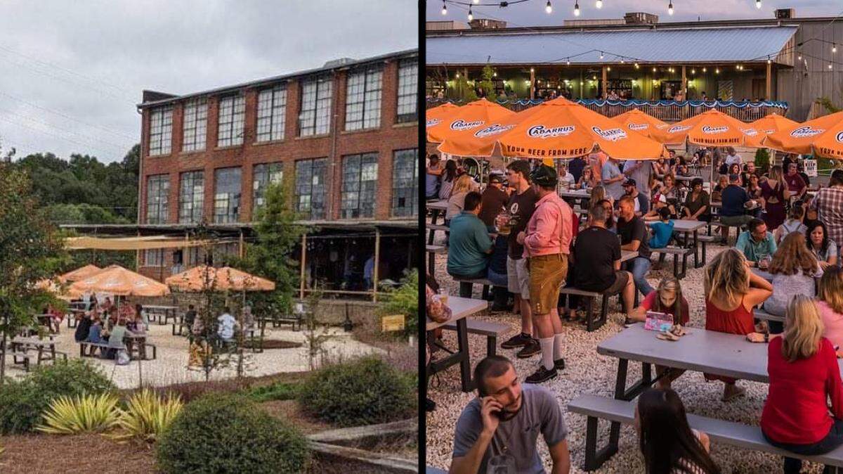 Cabarrus Brewing’s Oktoberfest was spread across two weekends this year with advance reservations required. Pictured at left is the scene this year, compared with last year on the right.