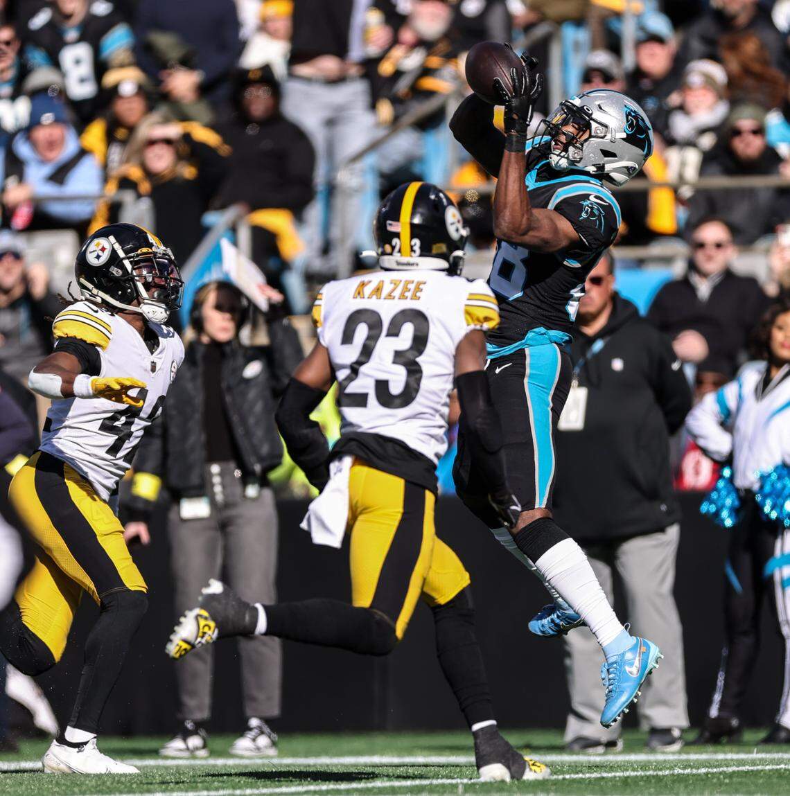 Carolina Panthers wide receiver Terrace Marshall Jr. (88), right, catches a pass past Pittsburgh Steelers safety Damontae Kazee (23) at the Bank of America Stadium in Charlotte, N.C., on Sunday, December 18, 2022.