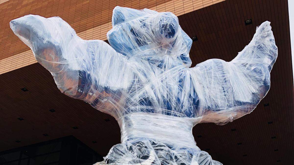 The Firebird sculpture has been wrapped in three layers of protective covering in preparation for Hurricane Florence.