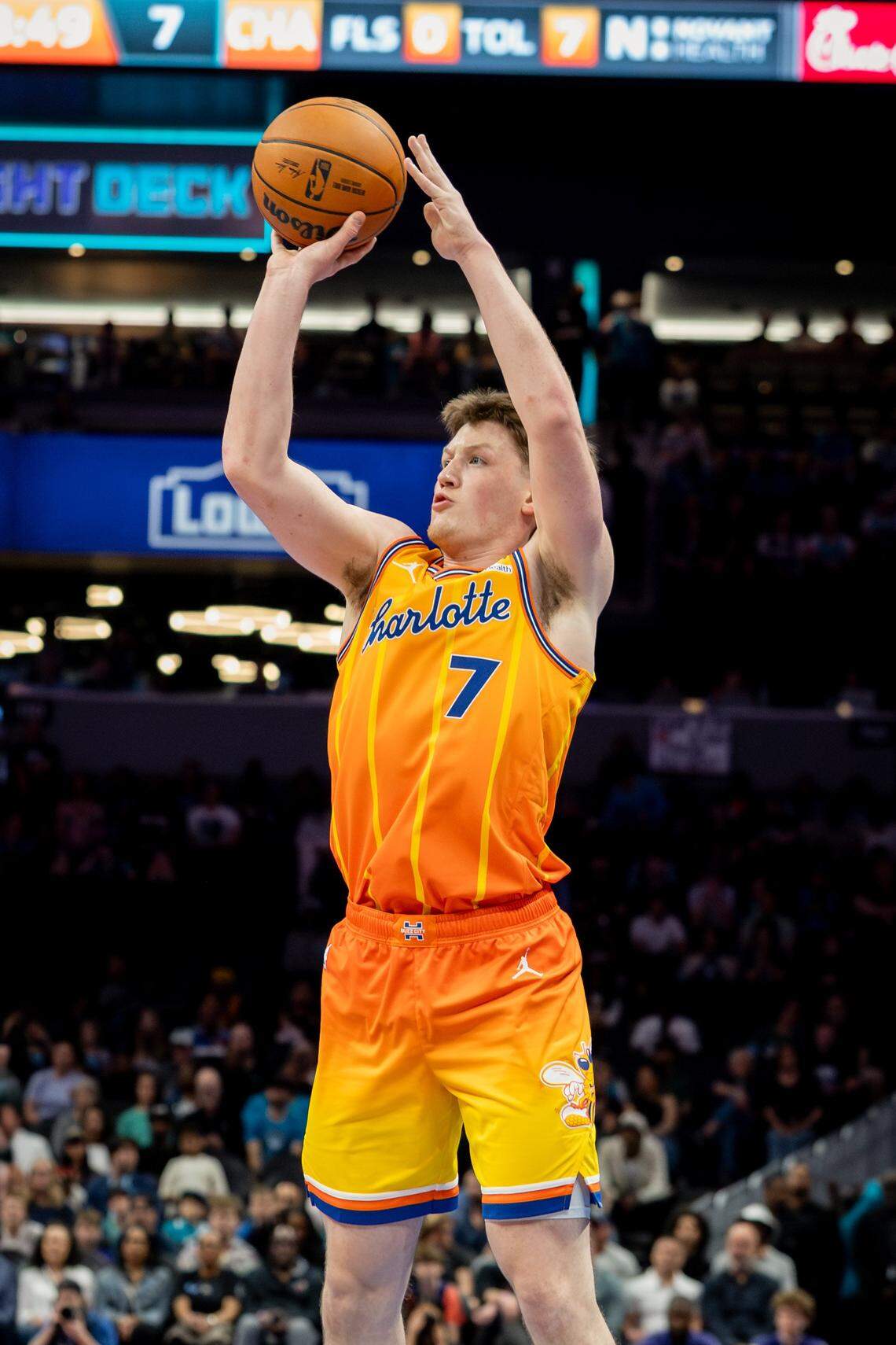 Charlotte’s Kon Kneuppel makes a 3-pointer during the first half of the Hornets-Heat game on Friday. March 6, 2026.