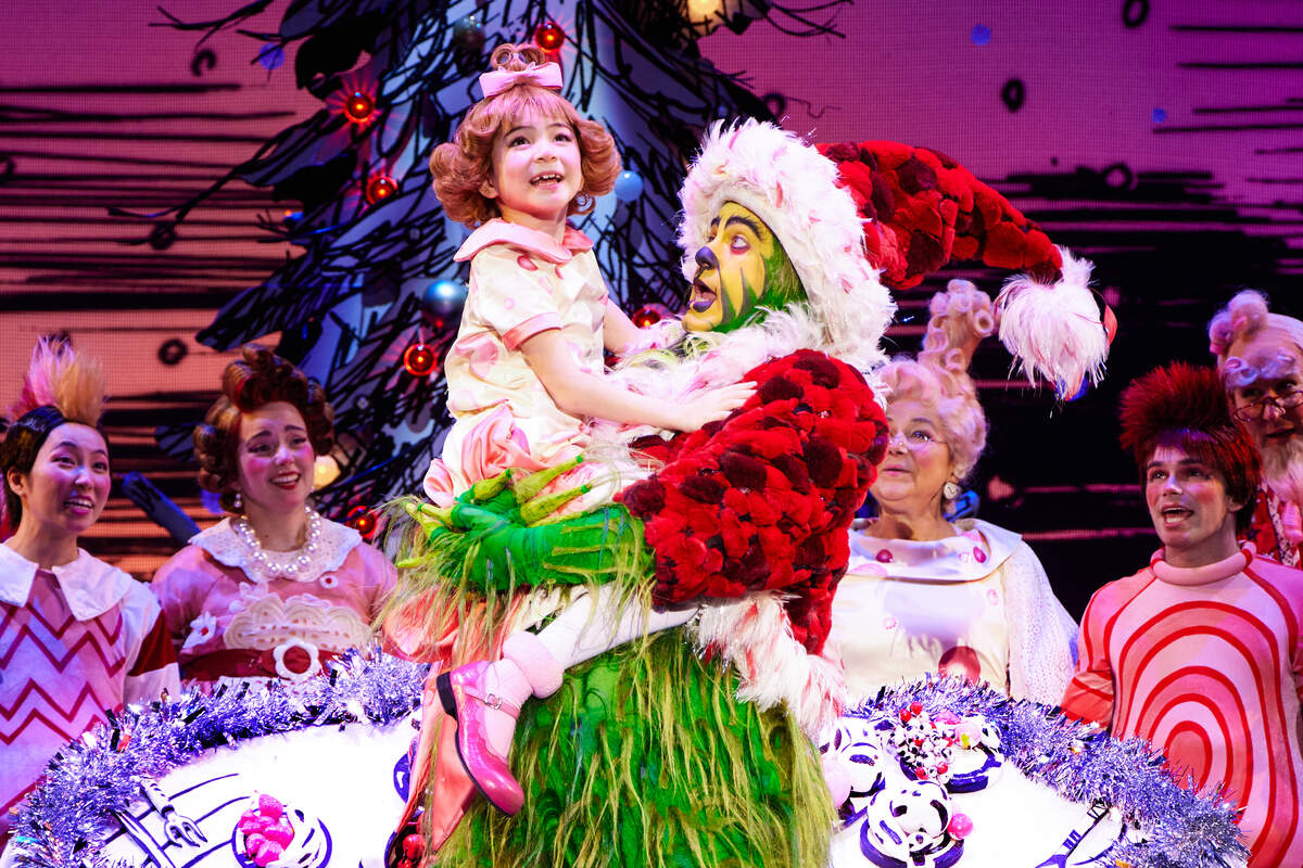 James Schultz as The Grinch, Aerina DeBoer as Cindy-Lou Who and the Touring Company of “Dr. Seuss’ How the Grinch Stole Christmas! The Musical.” The show comes to Belk Theater Dec. 23-28.