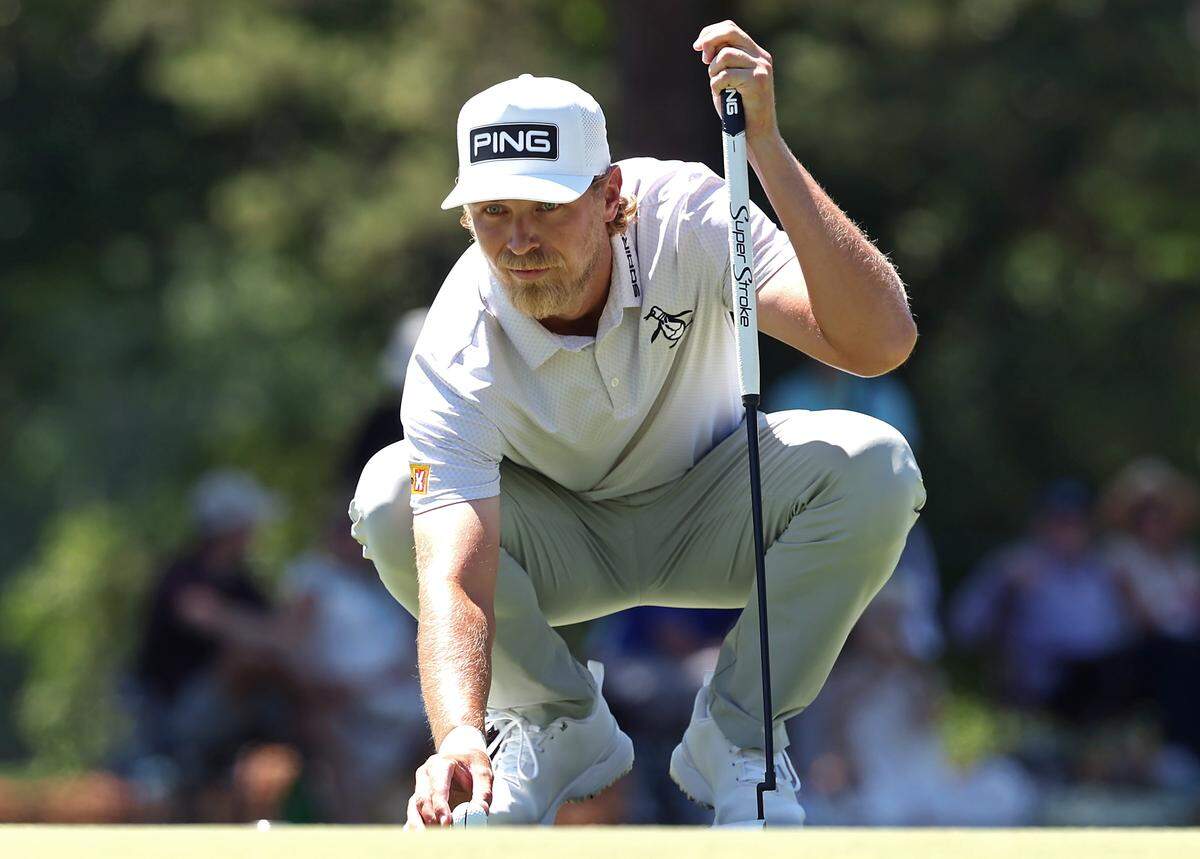Kristoffer Reitan lines up his putt on the fifth green during the final round of the Truist Championship at Quail Hollow Club in Charlotte, NC on Sunday, May 10, 2026.