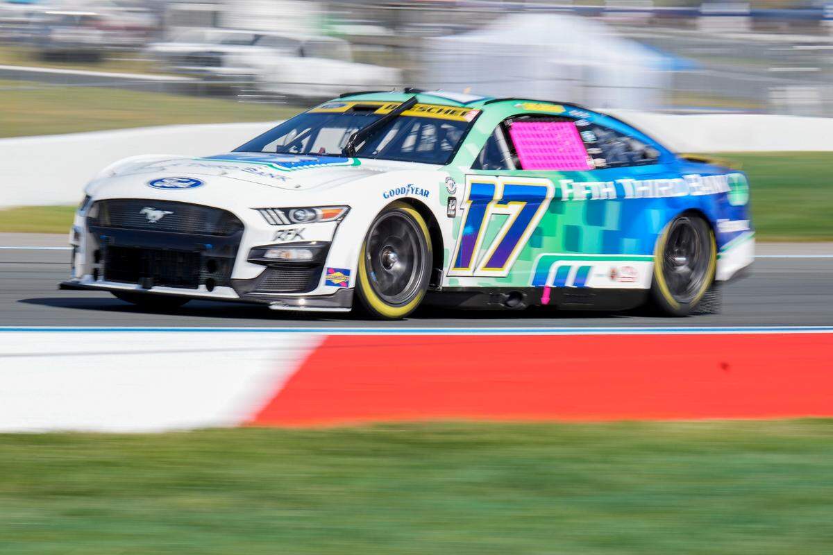 Oct 7, 2023; Concord, North Carolina, USA; NASCAR Cup Series driver Chris Buescher (17) during Cup practice and qualifying at Charlotte Motor Speedway Road Course. Mandatory Credit: Jim Dedmon-USA TODAY Sports