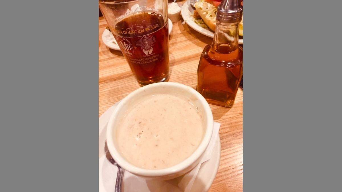 The she-crab soup at Eddie’s Place comes with a bottle of sherry to sprinkle on top.