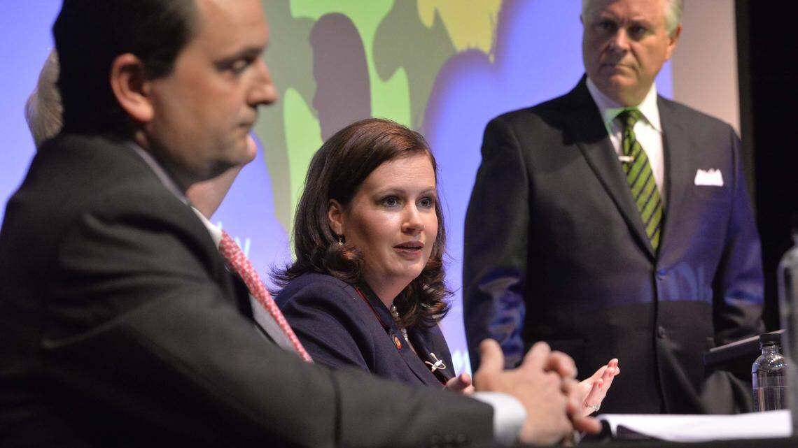 State Rep. Rob Bryan, State Rep. Tricia Cotham during a public forum on teacher pay hosted by The Charlotte Observer and PNC Bank held at Pease Auditorium on May 05, 2014.