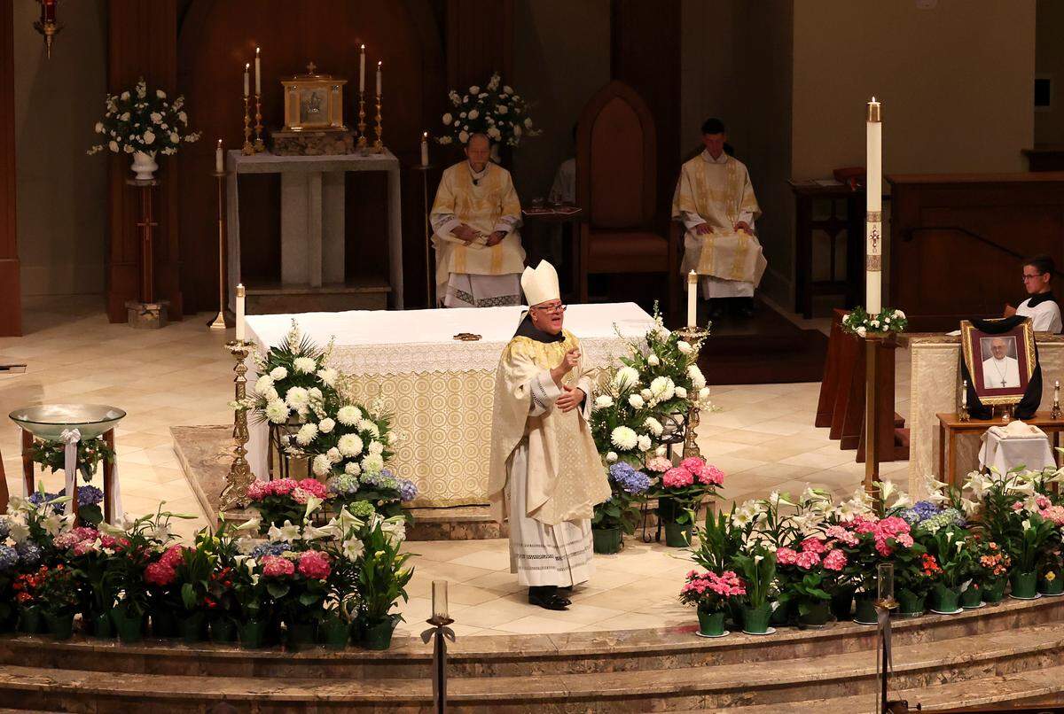 Fifth Bishop of Charlotte Michael T. Martin delivers the homily during a Mass for Deceased Pope Francis on Wednesday at Saint Mark Catholic Church in Huntersville.