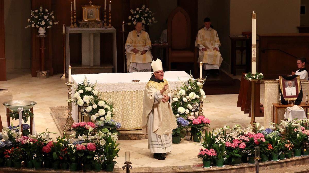 Fifth Bishop of Charlotte Michael T. Martin delivers the Homily during a Mass for Deceased Pope Francis on Wednesday, April 23, 2025 at Saint Mark Catholic Church in Huntersville, NC. 