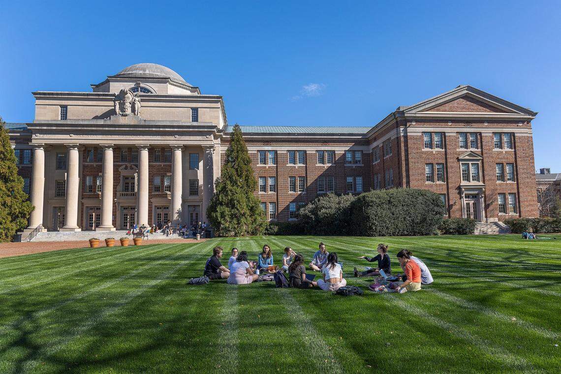 Students outside on the main campus of Davidson College in Davidson, NC.