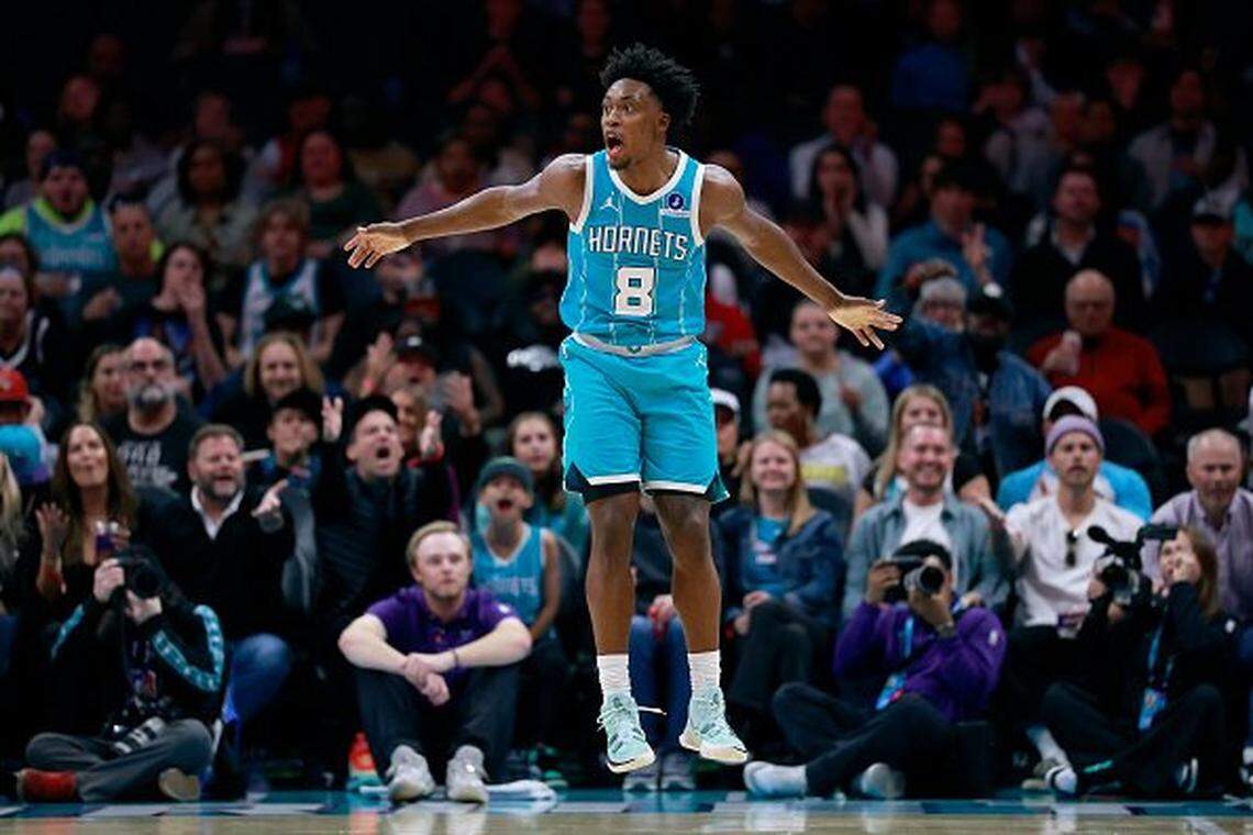 Collin Sexton of the Charlotte Hornets reacts against the Minnesota Timberwolves during the first of the NBA game at Spectrum Center on November 01, 2025 in Charlotte, North Carolina.