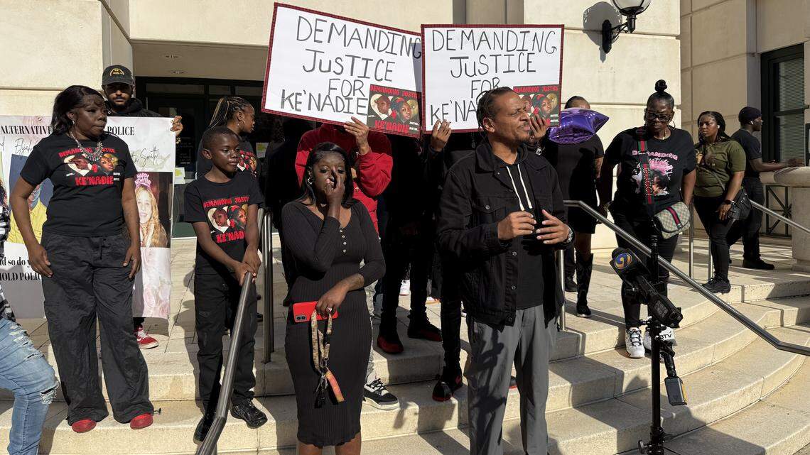 Ke’Nadie Cathey’s family and others in the community held a press conference outside Charlotte-Mecklenburg police headquarters on Nov. 8, 2025, to share that her health was not good after a school resource officer slammed her to the ground.