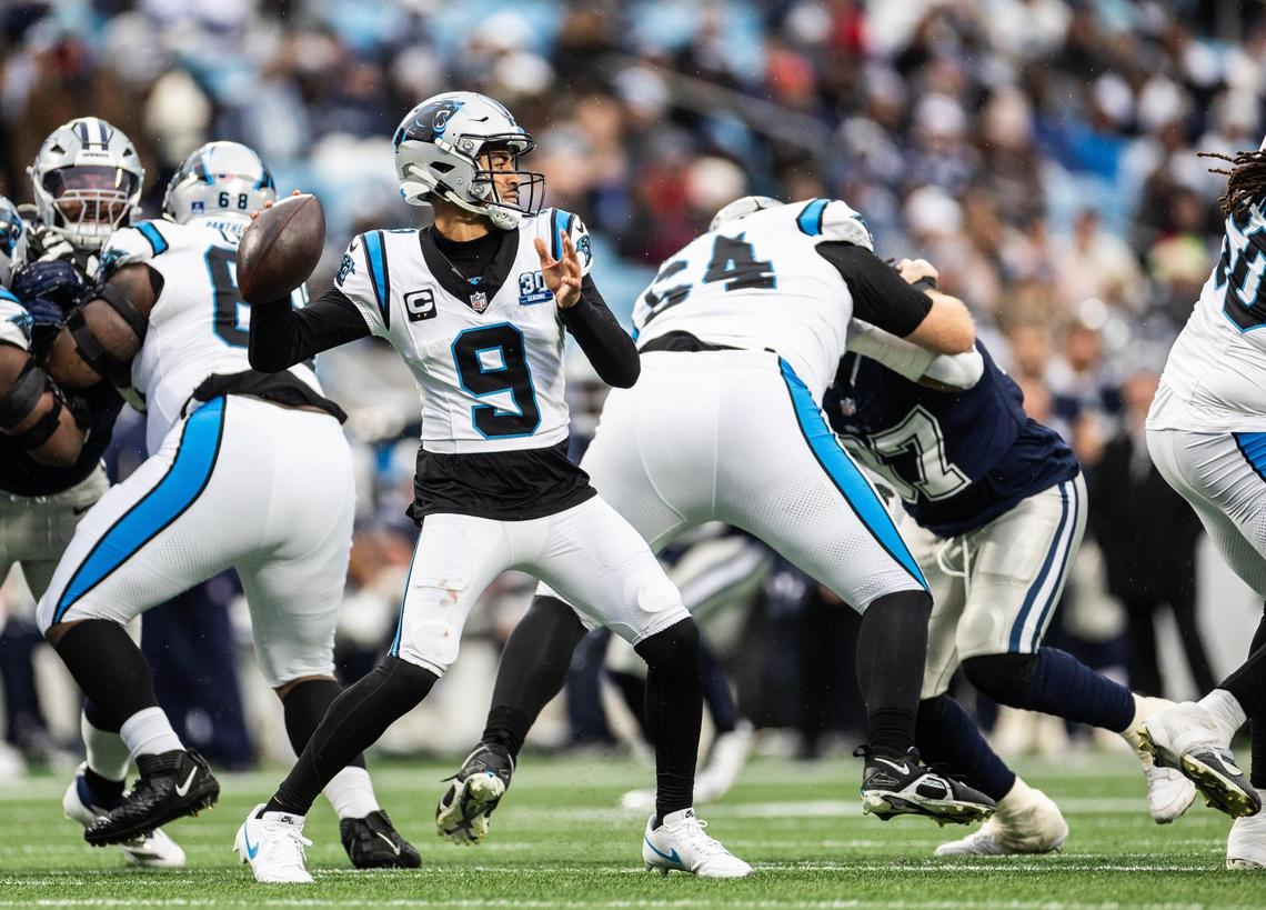 Carolina Panthers quarterback Bryce Young makes a pass against the Dallas Cowboys at the Bank of America Stadium in Charlotte, N.C., on Sunday, December 15, 2024.