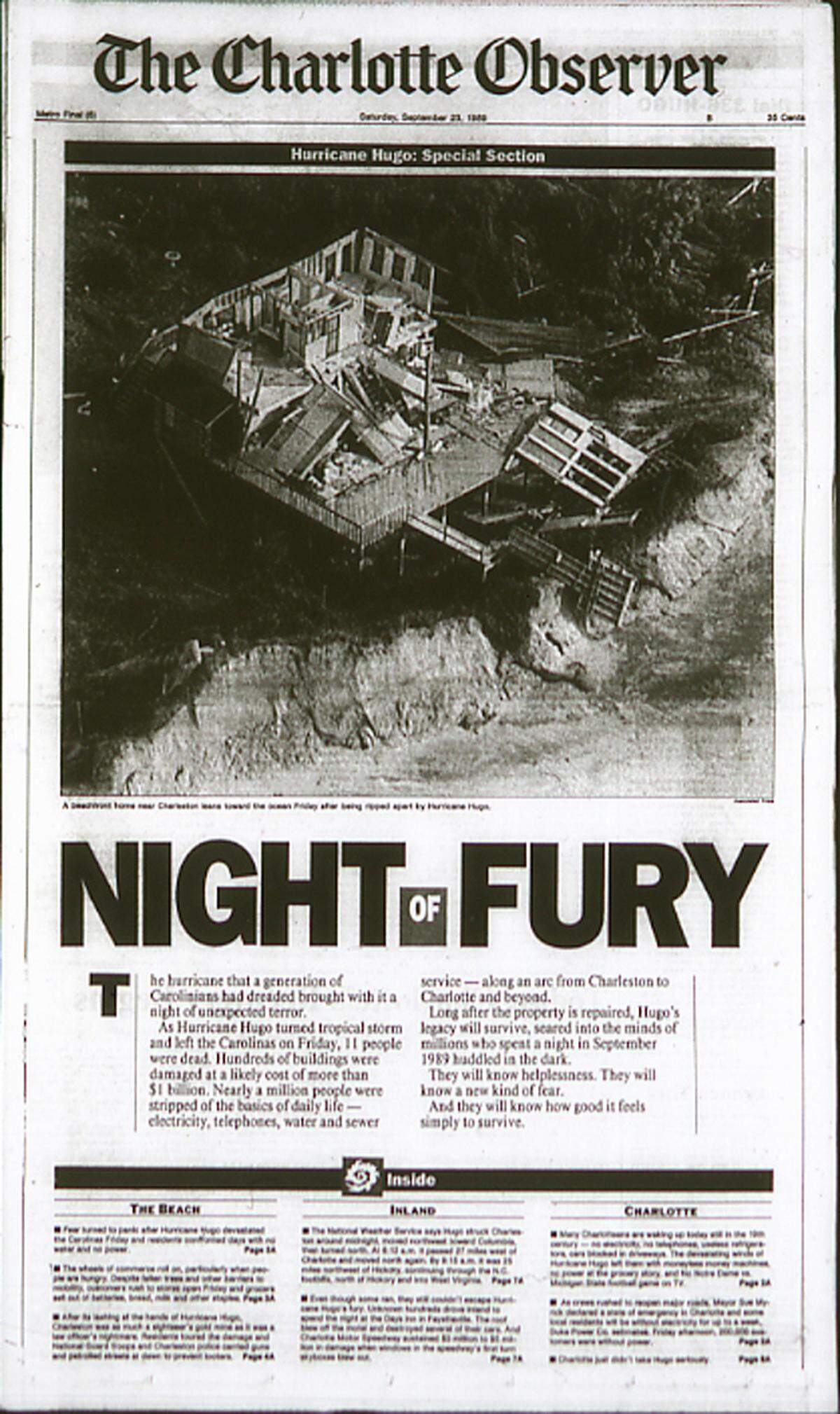 Hugo on the Charlotte Observer’s front page 9/23/1989