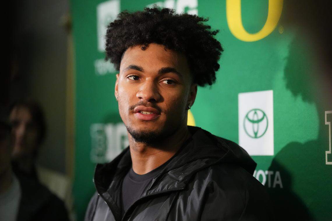Kenyon Sadiq of the Oregon Ducks answers questions during Oregon Ducks Pro Day at the Moshofsky Center on March 17, 2026 in Eugene, Oregon.