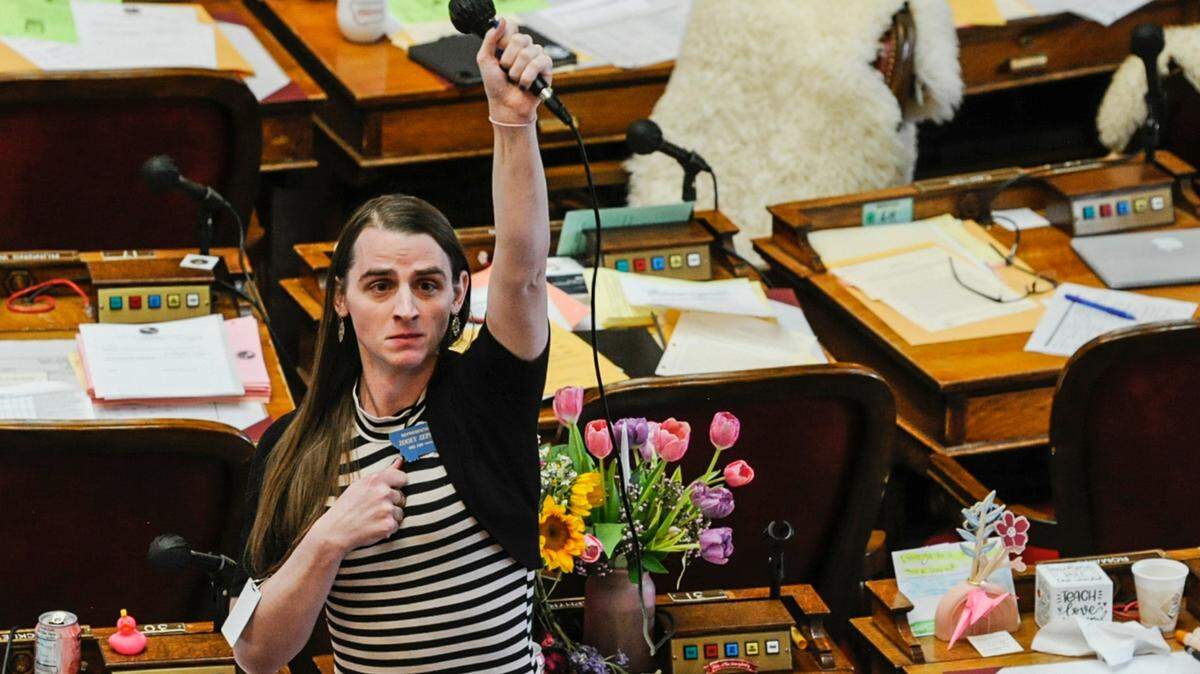 Montana state Rep. Zooey Zephyr stands in protest on the House floor at the state Capitol in Helena, Mont on April 24, 2023. Montana Republicans later barred Zephyr, the state’s first transgender lawmaker, from the House floor after she rebuked colleagues for supporting a ban on gender-affirming care for young transgender people.