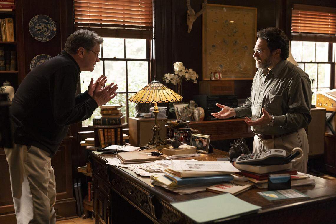 Colin Firth as Michael Peterson and Michael Stuhlbarg as David Rudolf, in a scene from HBO Max’s “The Staircase.”