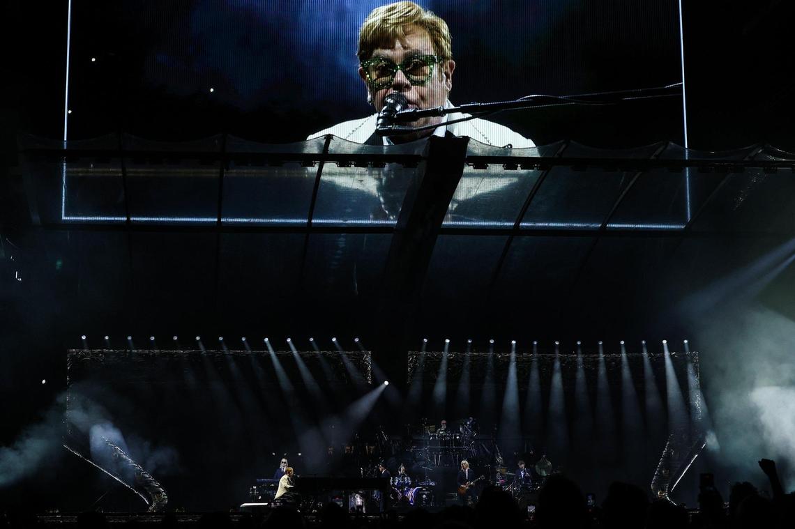 Elton John at Bank of America Stadium in Charlotte during his Farewell Yellow Brick Road tour on Sept. 17. He wrote the music to all the songs for the “Tammy Faye” musical.