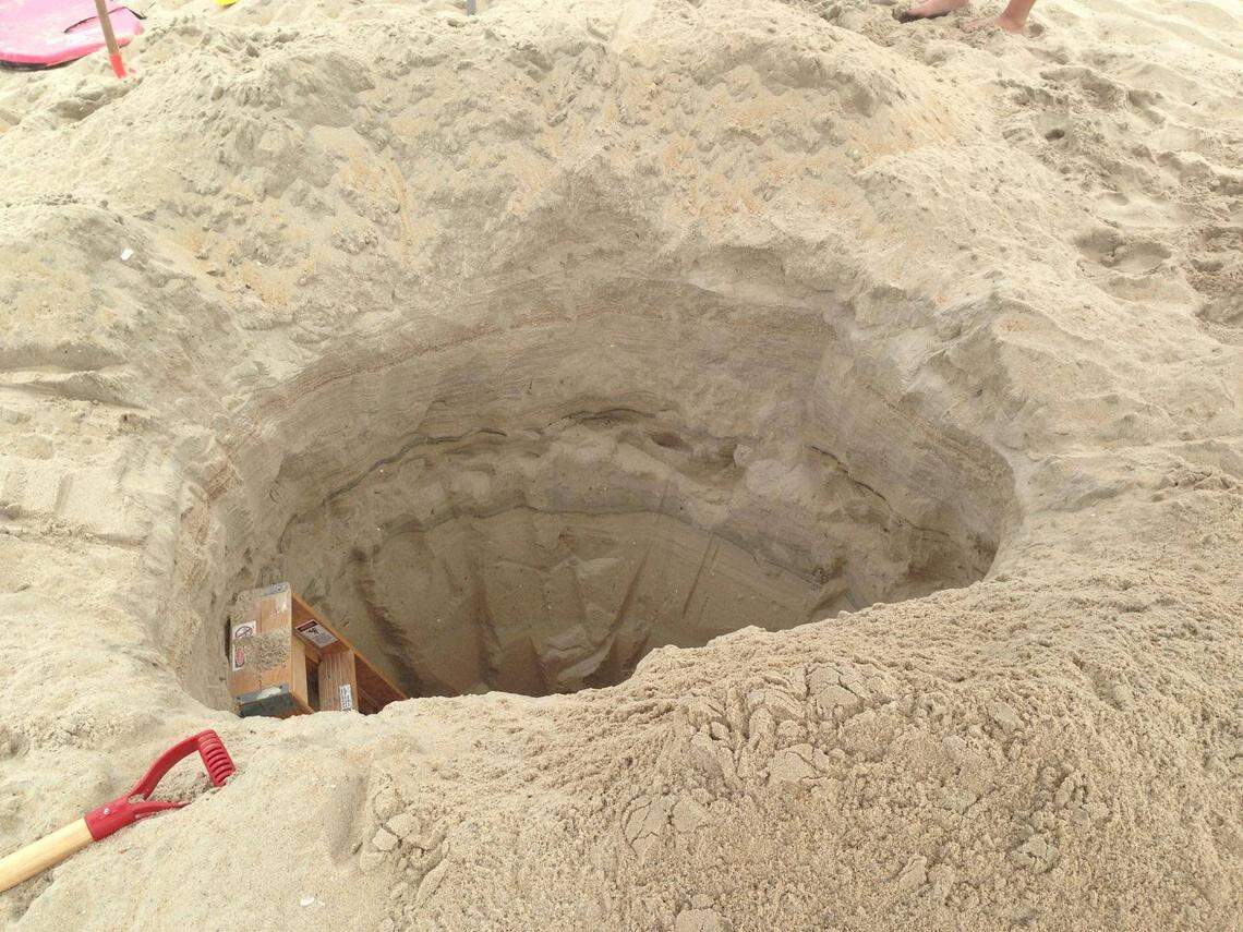 This is an example of one of the holes found dug by tourists in the beach at Nags Head, on the Outer Banks.