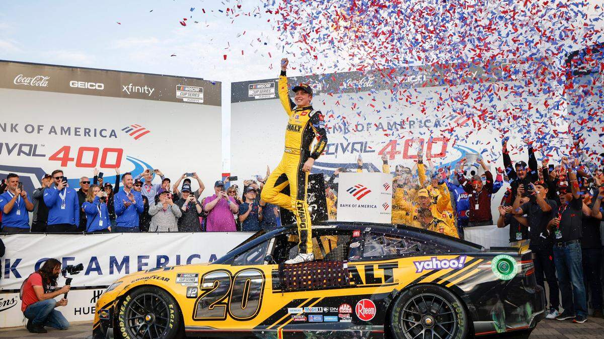 NASCAR Cup Series driver Christopher Bell (20) celebrates after winning the Bank of America Roval 400 at Charlotte Motor Speedway in Charlotte, N.C., Sunday, Oct. 9, 2022.