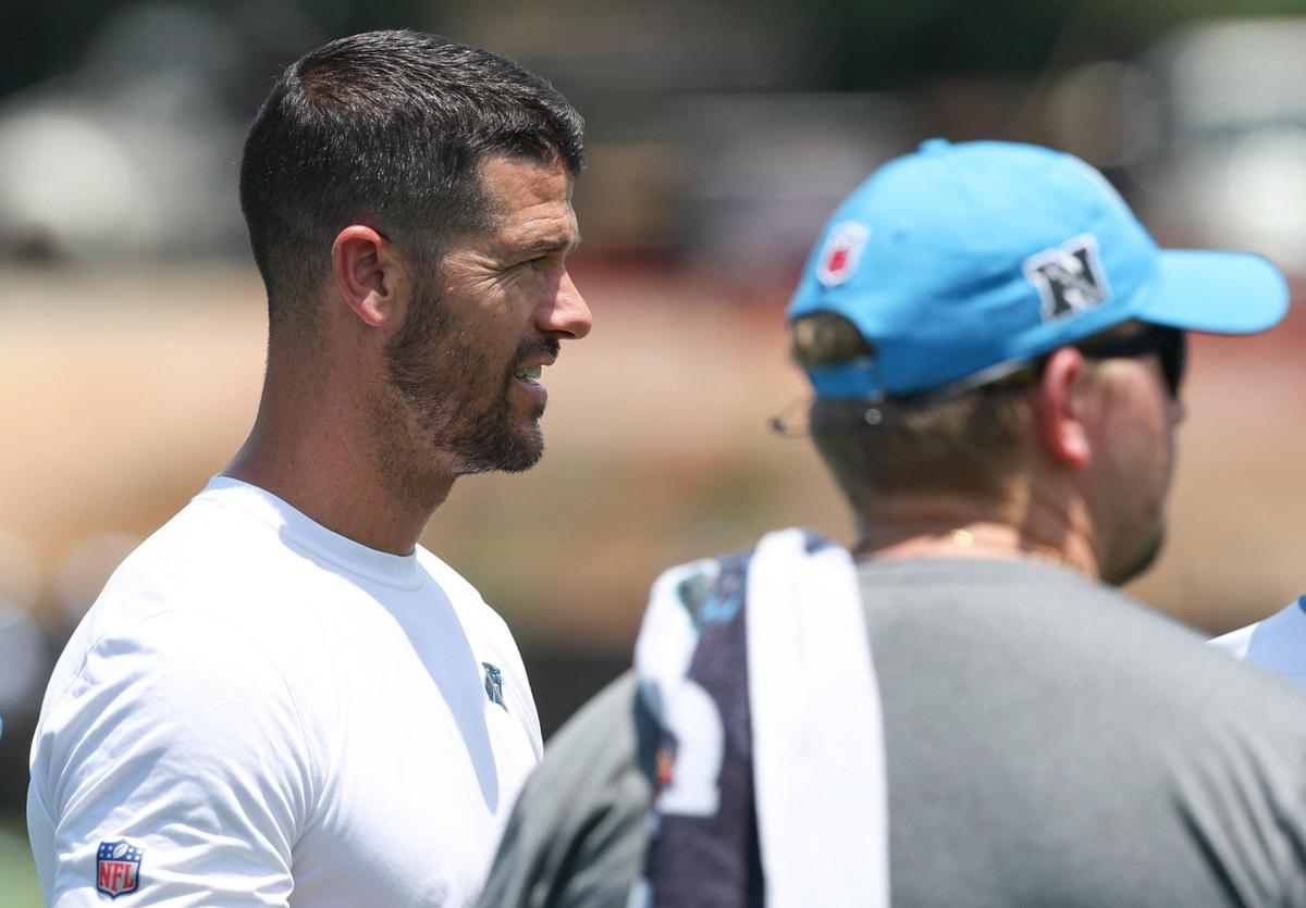 Panthers head coach Dave Canales watches different positions groups practie during the second day of minicamp in Charlotte, NC on Wednesday, June 11, 2025.