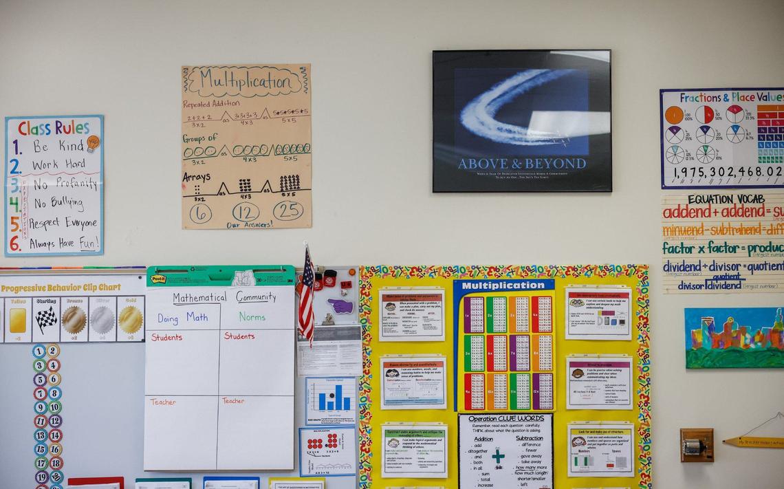 Informational and inspirational posters decorate a third-grade classroom during the first day of school at Idlewild Elementary on Monday, August 26, 2024.