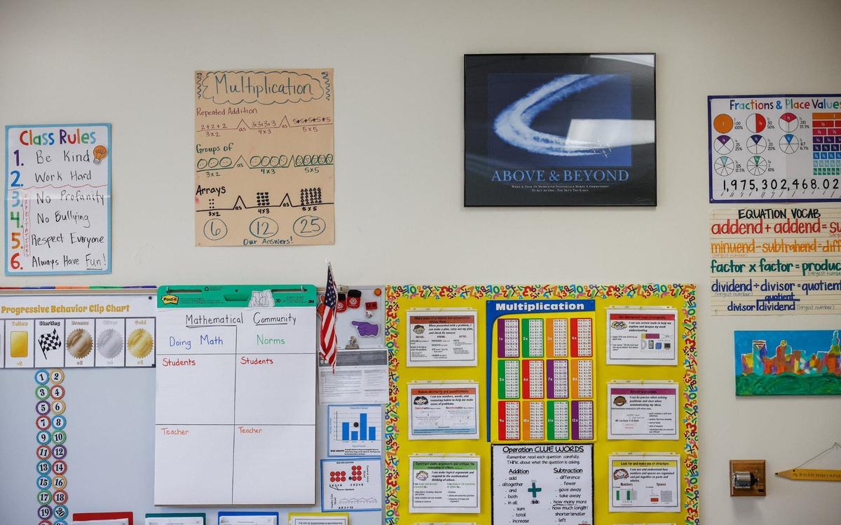 Informational and inspirational posters decorate a third grade classroom during the first day of school at Idlewild Elementary School in Charlotte, NC on Monday, August 26, 2024.