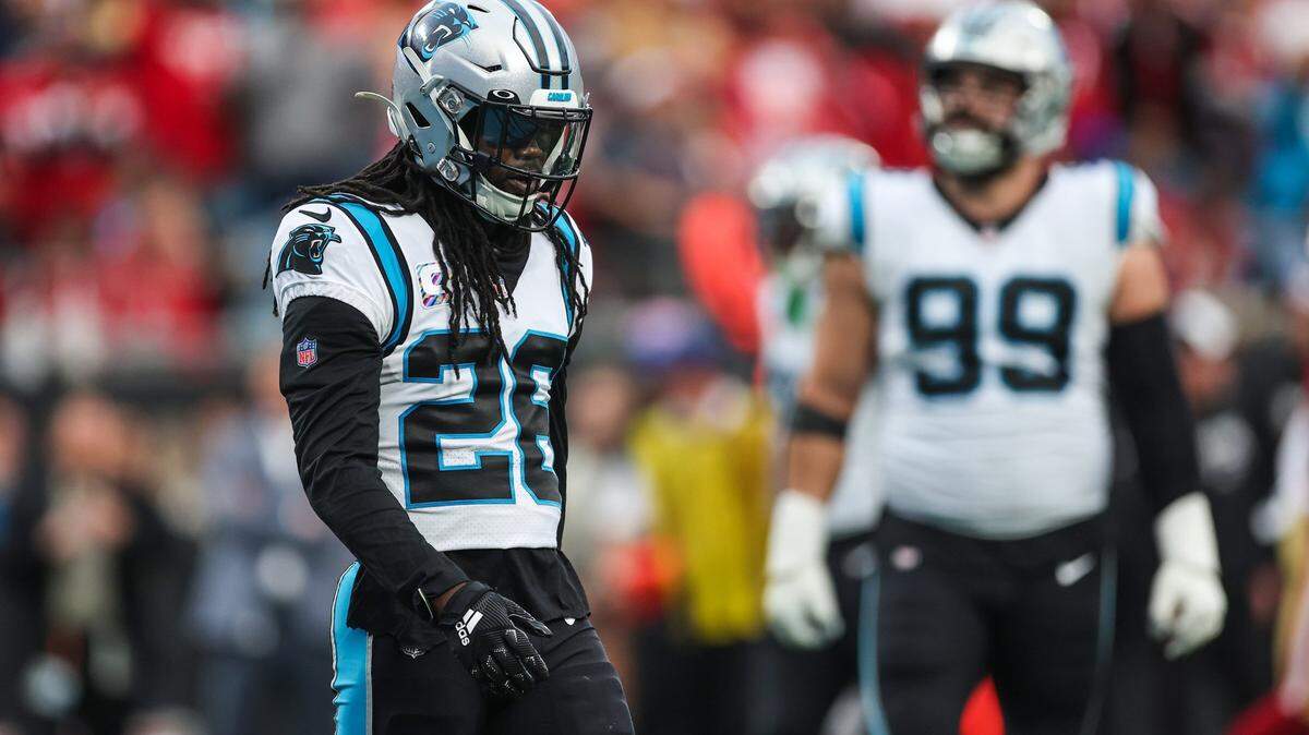 Panthers cornerback Donte Jackson, left, hangs his head after a 49ers’ touchdown during the game at Bank of America Stadium on Sunday, October, 9, 2022.