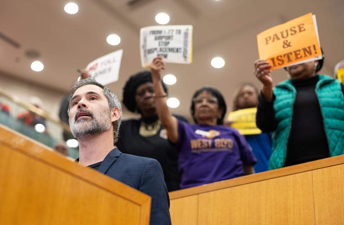 Shannon Binns, executive director of Sustain Charlotte, speaks in opposition of the I-77 project during the City Council meeting at the Charlotte-Mecklenburg Government Center in Charlotte, N.C., on Monday, February 23, 2026.
