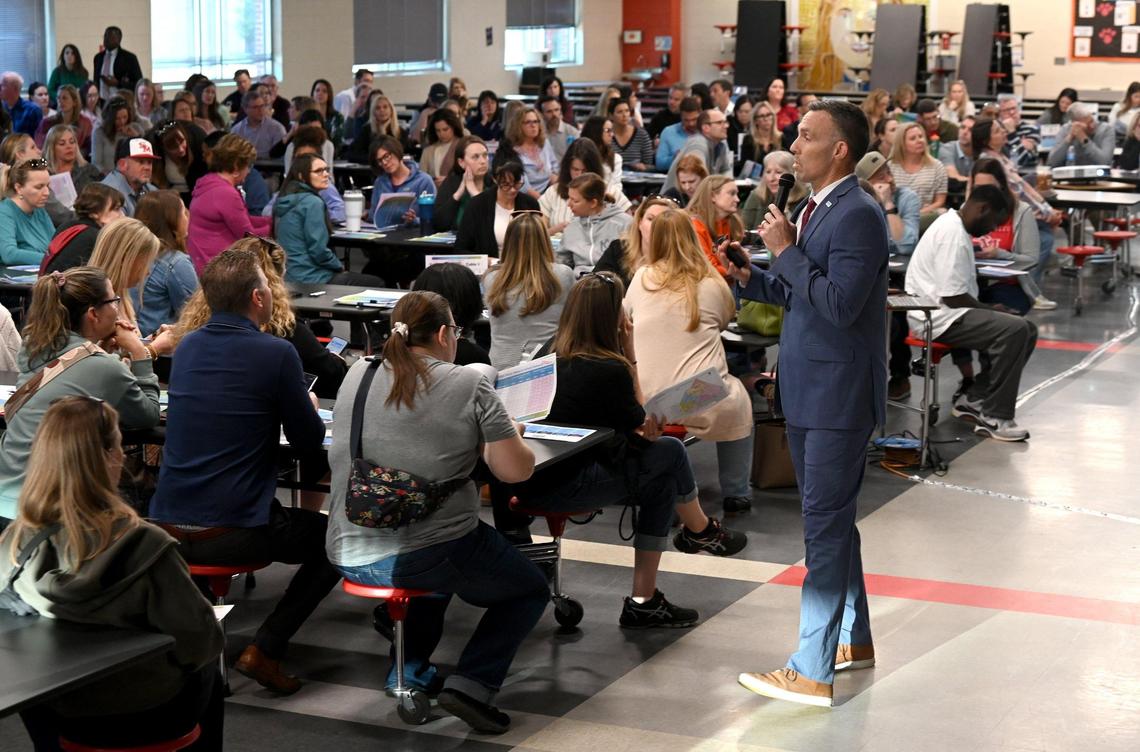 Parents gather at South Meck High to learn about the new boundaries CMS is proposing on Wednesday, March 29, 2023.
