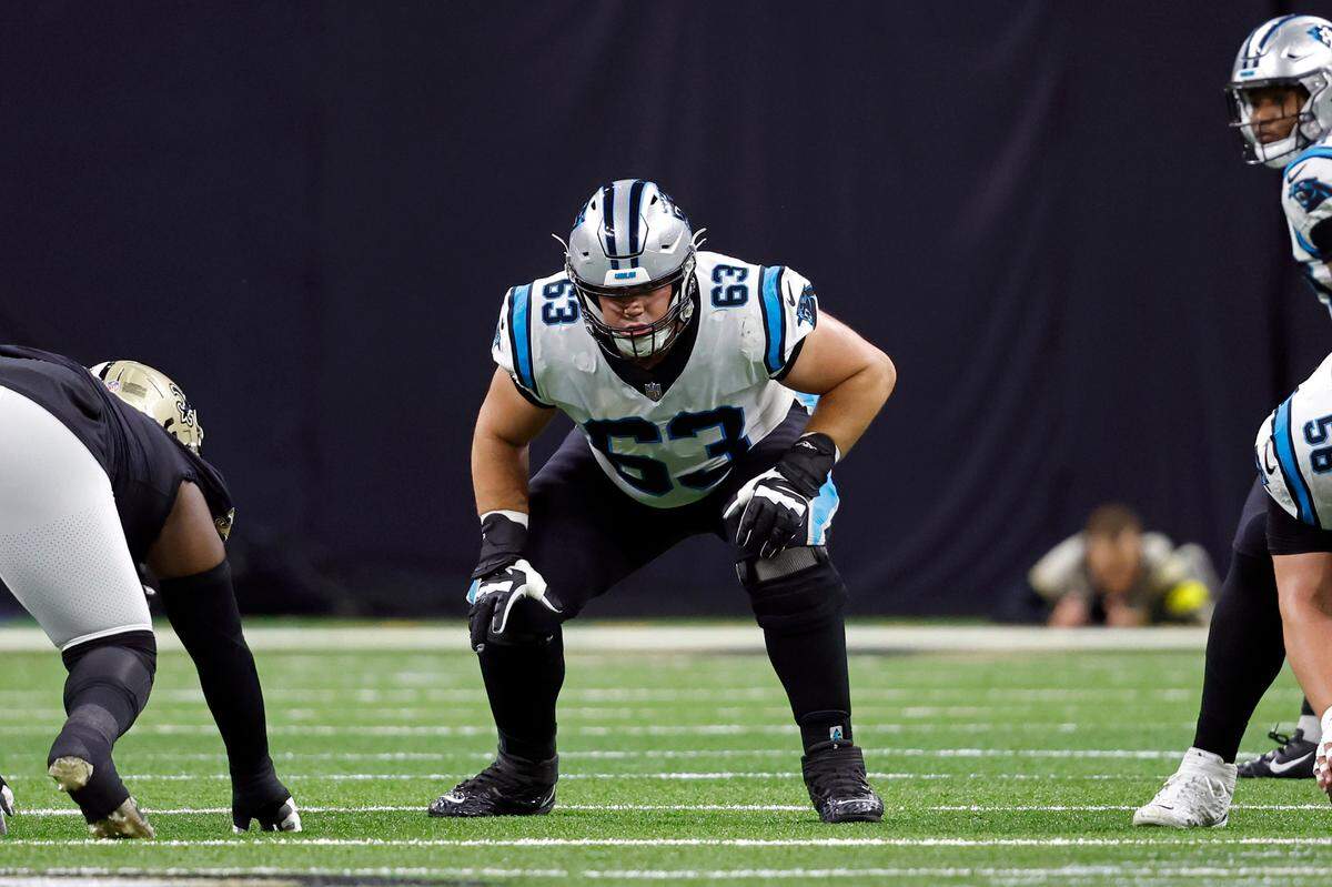 Carolina Panthers guard Austin Corbett (63) during an NFL football game against the New Orleans Saints, Sunday, Jan. 8, 2023, in New Orleans. (AP Photo/Tyler Kaufman)