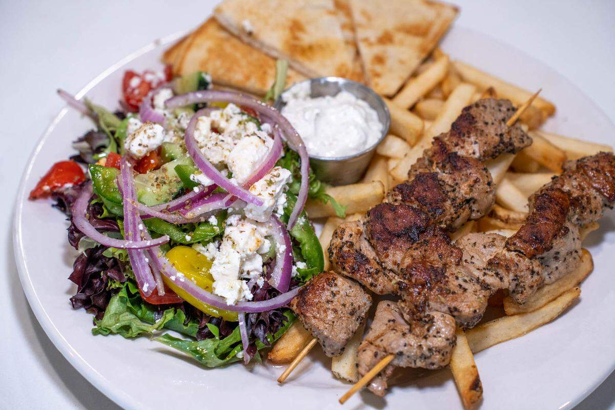 Pork Souvlakia Platter at Hellenic Greek Kitchen.