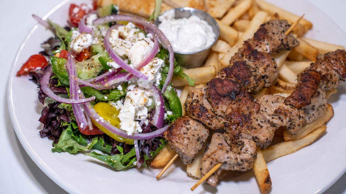 Pork Souvlakia Platter at Hellenic Greek Kitchen.