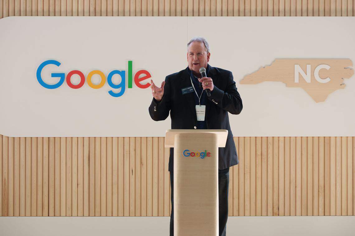 Lenoir Mayor Joseph L. Gibbons stands before a crowd as Google announces a $1 billion expansion of its data center in the city.