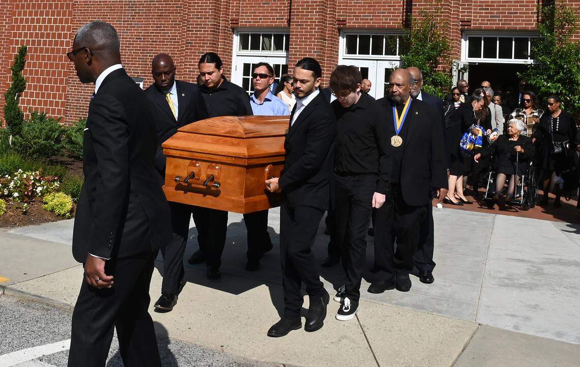 Pallbearers carry the casket of Maj. Gen. Joseph McNeil from Harrison Auditorium on the campus of North Carolina A&T State University in Greensboro, N.C., on Thursday, September 11, 2025.