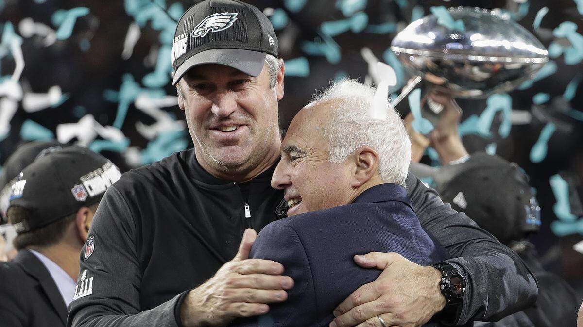 When did you suspect the Philadelphia Eagles, with owner Jeffrey Lurie, right, and head coach Doug Pederson, were headed for a  Super Bowl championship? For some, it wasn’t until the playoffs began, or later.