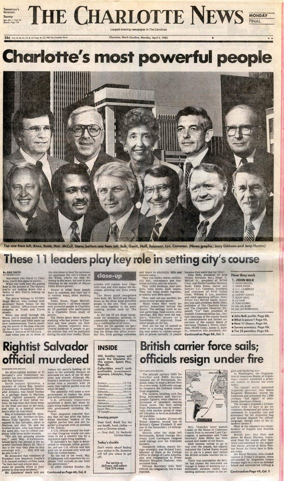 In 1982, Charlotte’s leaders were mostly business people. In this April 5, 1982, picture are: top, from left: Eddie Knox, Jim Babb, Liz Hair, Hugh McColl, Tom Storrs. Bottom row: John Belk, Harvey Gantt, Rolfe Neill, Jay Robinson, Bill Lee, C.C. Cameron.