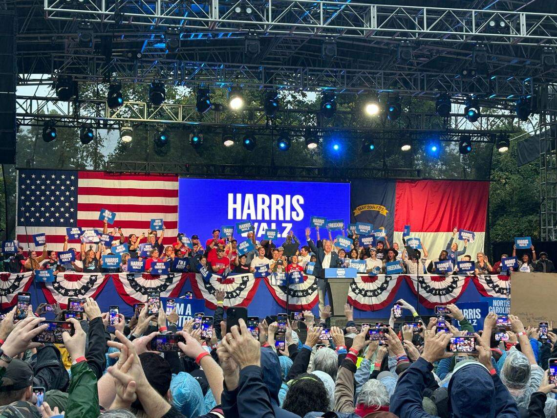 Minnesota Gov. Tim Walz, the Democratic nominee for vice president, rallied supporters Tuesday evening in Asheville, North Carolina.