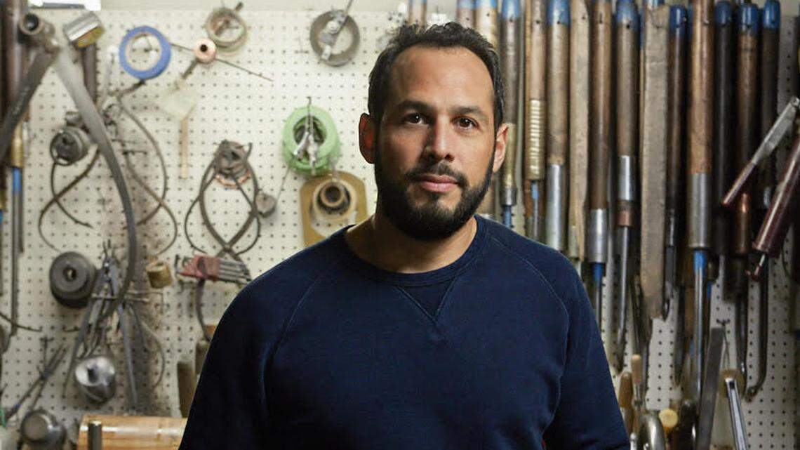 Eight works by artist Harold Mendez are featured in an exhibition at Davidson College Art Galleries through Oct. 6. In his art, Mendez uses found objects and nontraditional materials that have a history and re-ascribes new meaning to them. He’s pictured here at a Tiffany Hollowware workshop at the Whitney Museum Biennial in 2017.