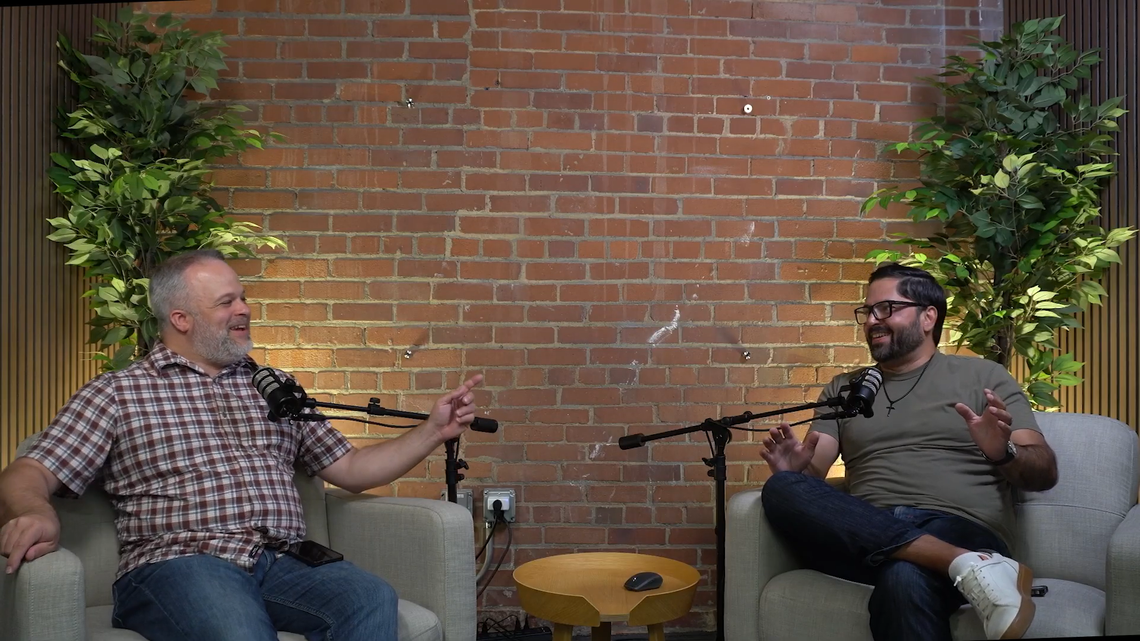 Larken Egleston, left, and Tariq Bokhari, right, discuss the 2027 Charlotte mayor’s election during their podcast R&D in the NC.