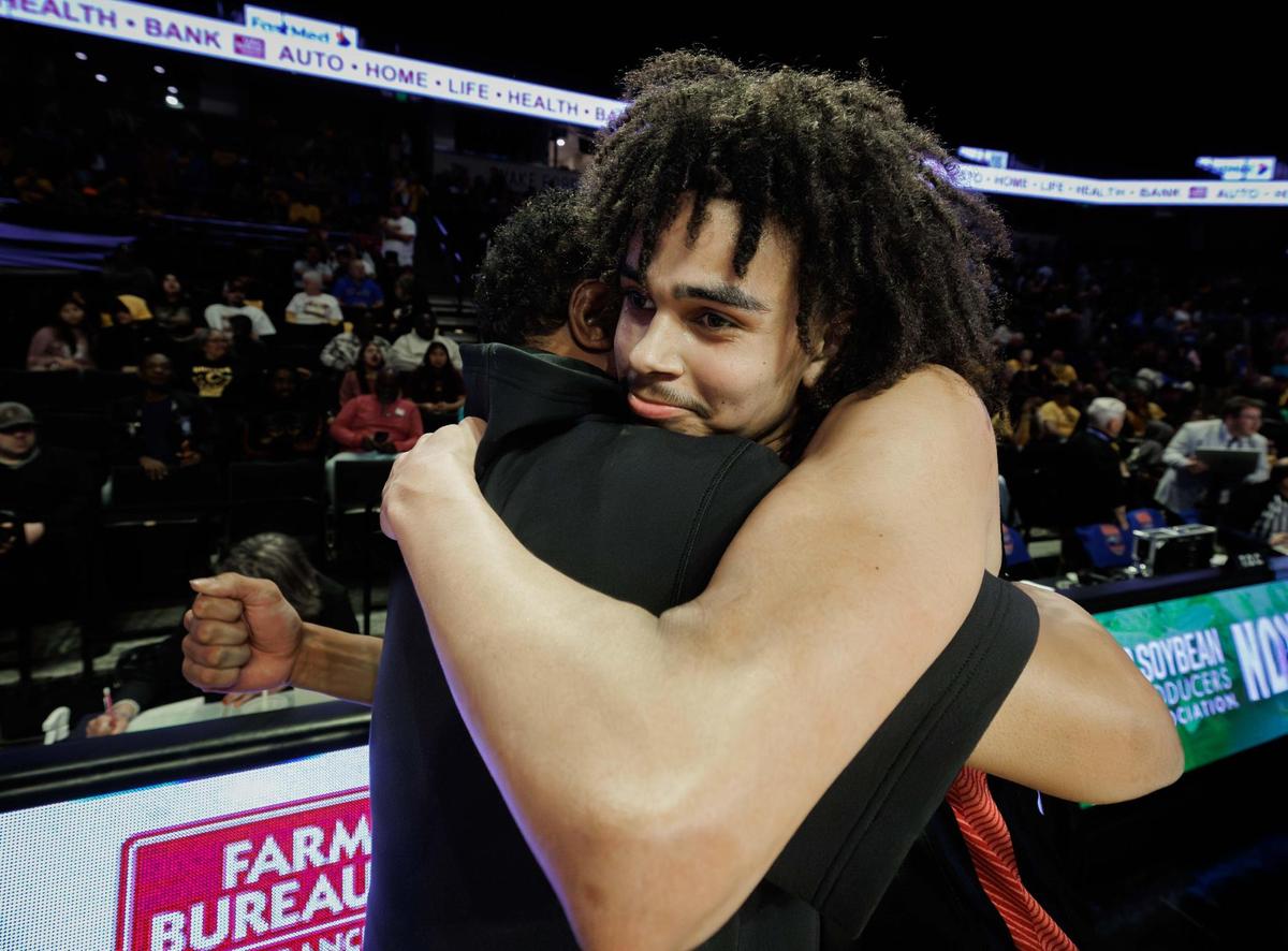 Corvian players celebrate their 58-55 overtime win against Southern Wake. Corvian would play Southern Wake in the 1A Men’s Basketball NCHSAA Championship Friday 14, 2025.