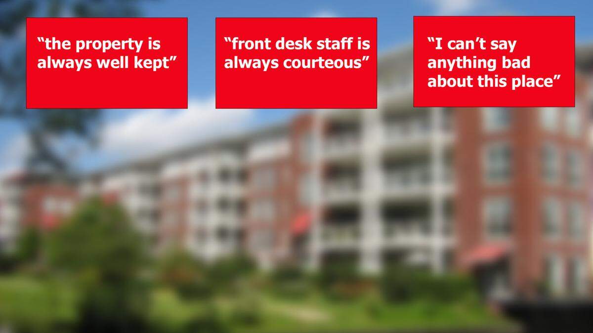 Excerpts from apartment reviews in Google reviews that a former Charlotte apartment complex employee wrote and solicited from family members.